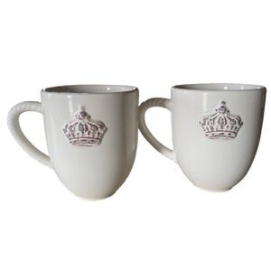 Vintage Bordallo Pinheiro Ivory Crown Mugs Set 2 Majolica Pottery French Country